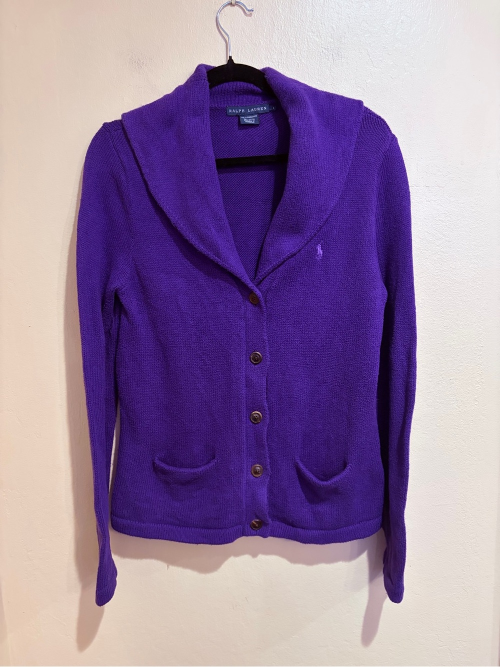 Vintage Ralph Lauren Grape Shawl-Collar Knit Cardigan, 100% Cotton, size L